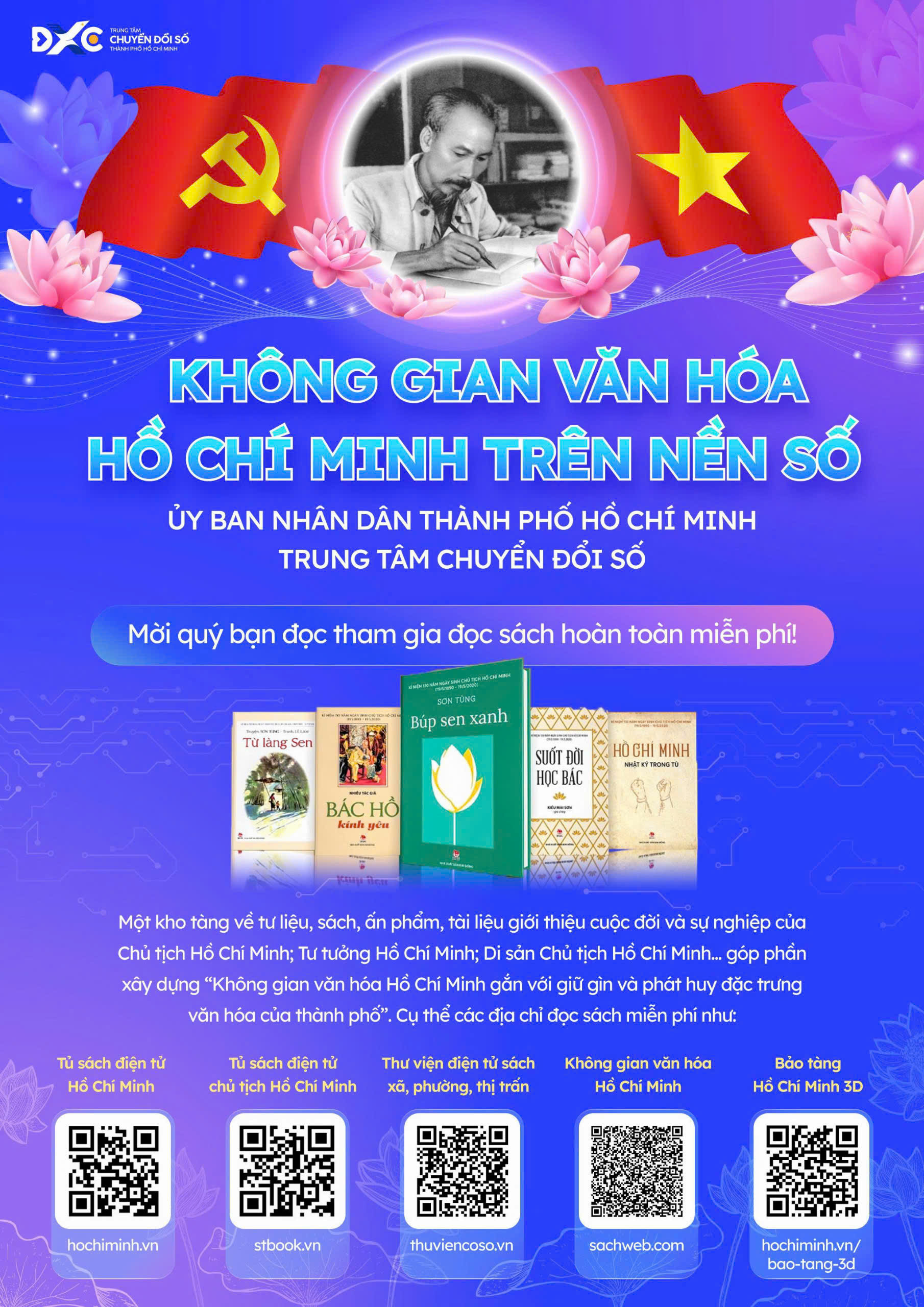 Infographic Không gian văn hóa Hồ Chí Minh trên nền số: tủ sách hochiminh.vn, stbook.vn, thuviencoso.vn, sachweb.com và bảo tàng 3D.